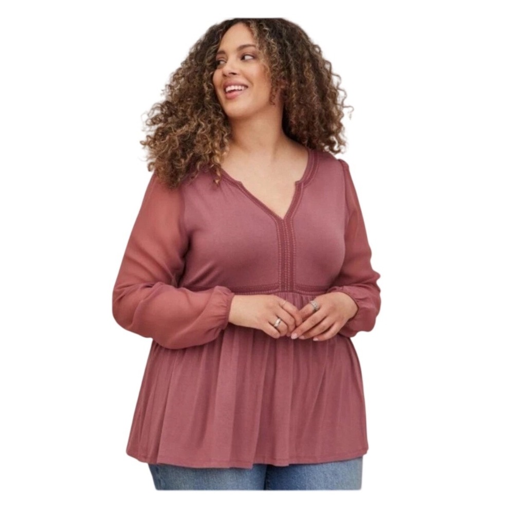 Torrid Super Soft Babydoll Balloon Chiffon Sleeves Top Womens Plus 2 2X Mauve